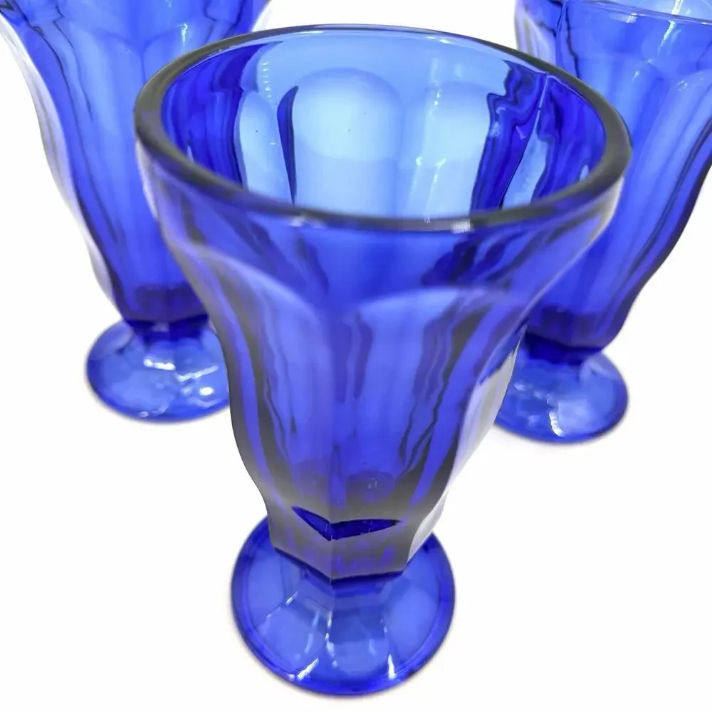 Vintage Set of 3 Cobalt Blue Retro Milkshake Parfait Fountain Glasses